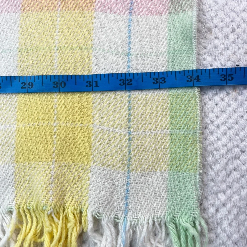 Vintage Tennessee Woolen Mills Pastel Plaid Fringed Wool Baby Throw Blanket
